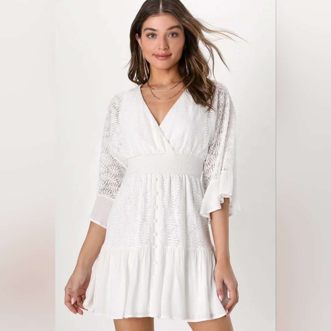 Loving Darling White Embroidered Smocked Mini Skater Dress